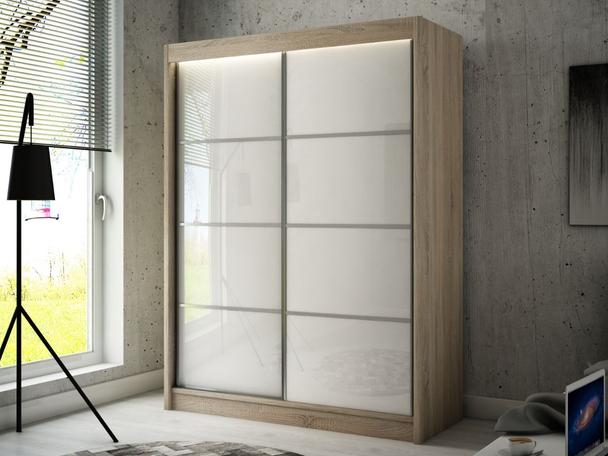 Schuifdeurkast met roedes 150 cm met LED-verlichting Ponti Wit, Sonoma Eiken