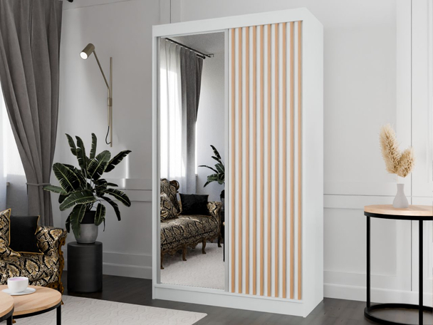 Schuifdeurkast met spiegel en lamellen 120 cm Loreto Wit