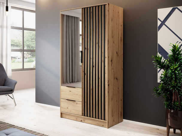 Kledingkast met lades en spiegel Macron Artisan Eik