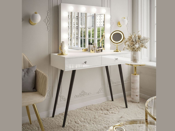 Kaptafel met lades en zwarte metalen poten Olivine Wit glans