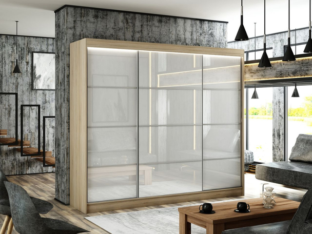 Schuifdeurkast met roedes 250 cm met LED-verlichting Ponti Wit, Sonoma Eiken