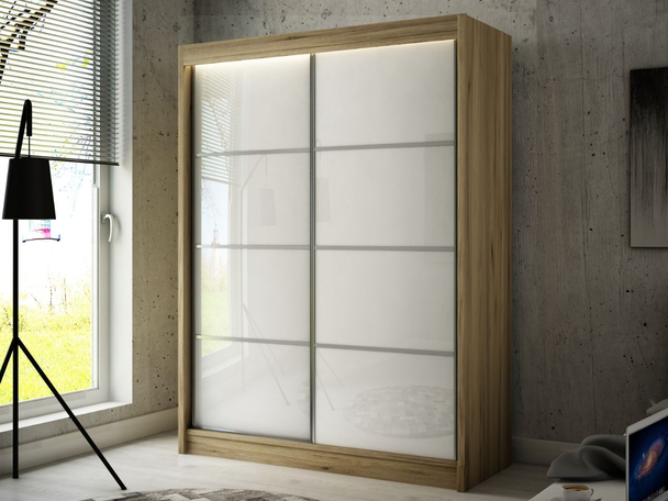 Schuifdeurkast met roedes 150 cm met LED-verlichting Ponti Wit, Eik Craft Goud