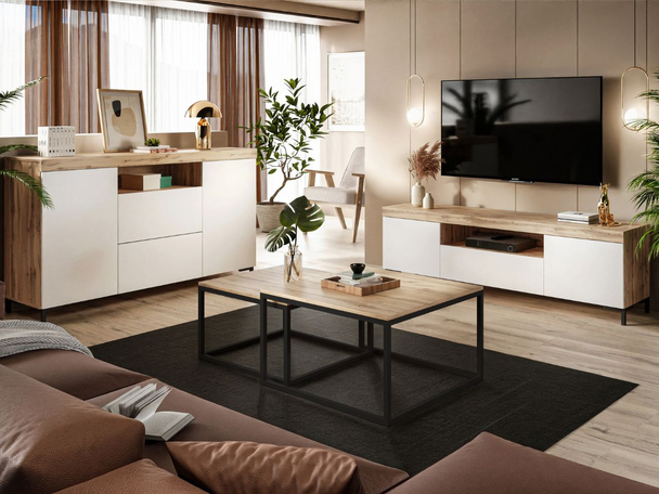 Meubelset voor de woonkamer - tv-meubel en dressoir Asumi Wit, Wotan Eik