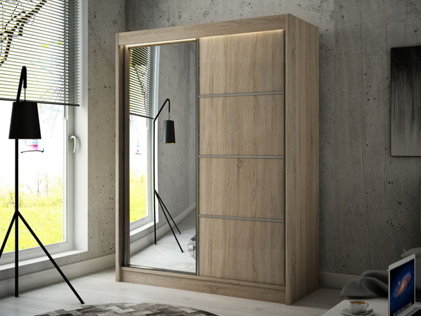 Kledingkast met schuifdeuren en Spiegel 150 cm met LED-verlichting Portel Braun met zilverkleurige sprossen