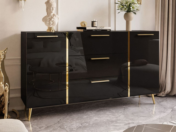 Dressoir met lades, hoge poten en handgrepen Lunelie Zwart glans