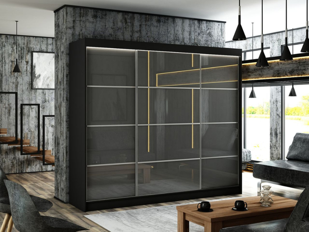 Schuifdeurkast met roedes 250 cm met LED-verlichting Ponti Grijs, Zwart
