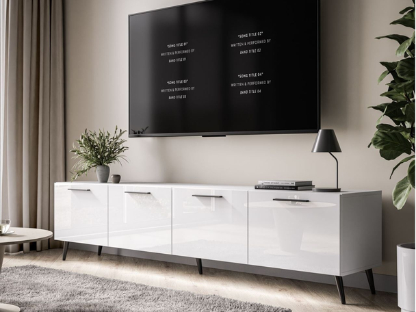 TV-meubel met deuren 200 cm en LED-verlichting Noaé Wit glans