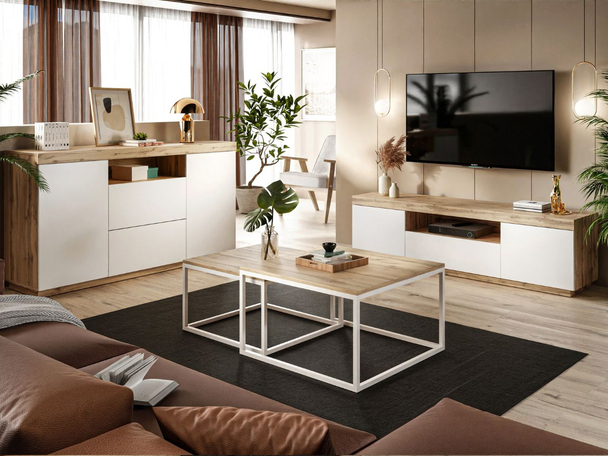 Meubelset voor de woonkamer - tv-meubel en dressoir Asumi Wit, Wotan Eik