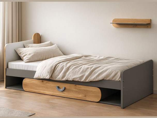 Eenpersoonsbed met lade Casa Eiken Nash, Wit, Grijs