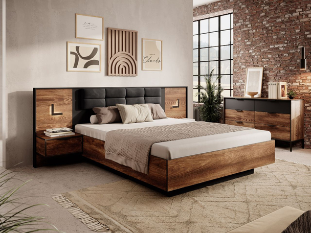 Houten bed met Nachtkastjes Montreal Bruin, Zwart
