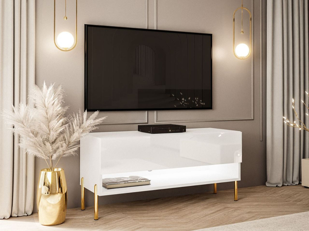 Tv-meubel 90 cm op rechte poten met ledverlichting Aurelie Wit glans