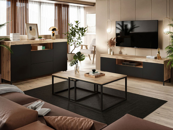 Meubelset voor de woonkamer in loftstijl Asumi Zwart, Wotan Eik