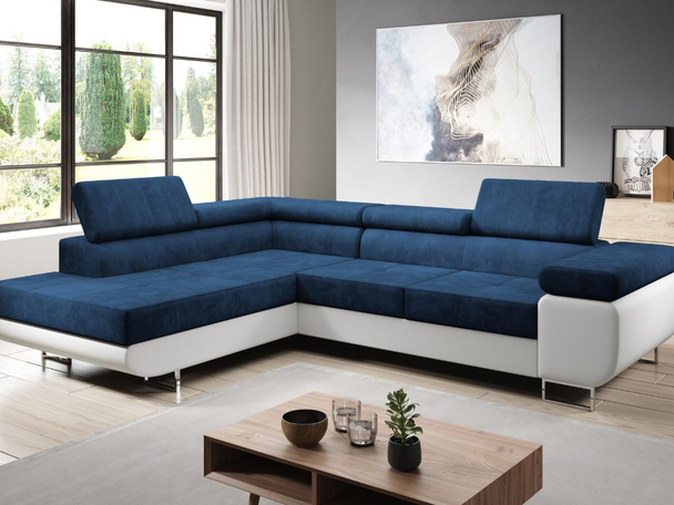 Hoekbank Links met Slaapfunctie en Opbergruimte Solam L Donkerblauw, Wit