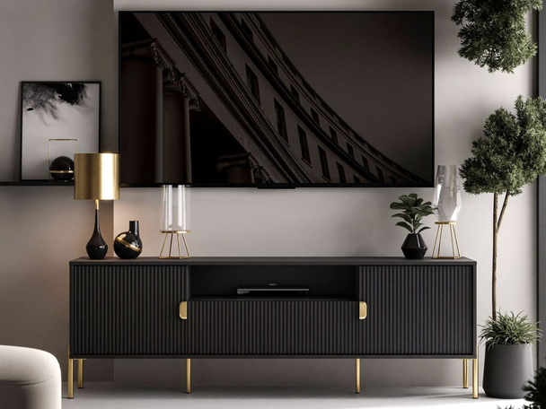 Tv-meubel met deuren en lade, gouden handgrepen Orlean Zwart mat