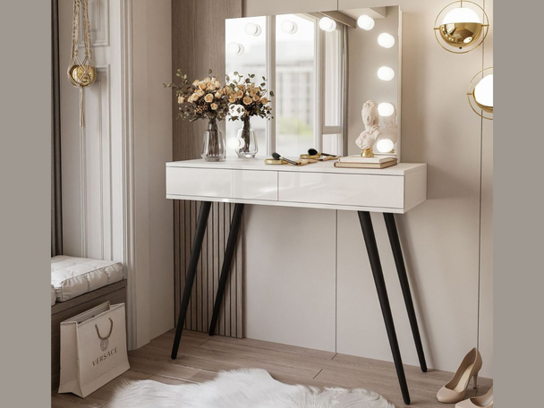 Kaptafel op hoge zwarte poten in een glamoureuze stijl Olivine Elite Wit glans