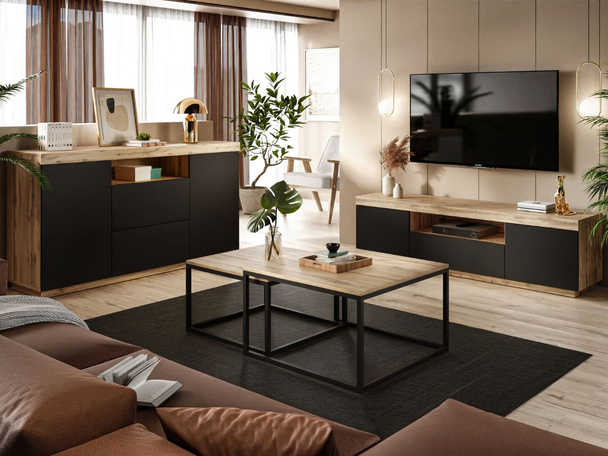 Meubelset voor de woonkamer in loftstijl Asumi Zwart, Wotan Eik